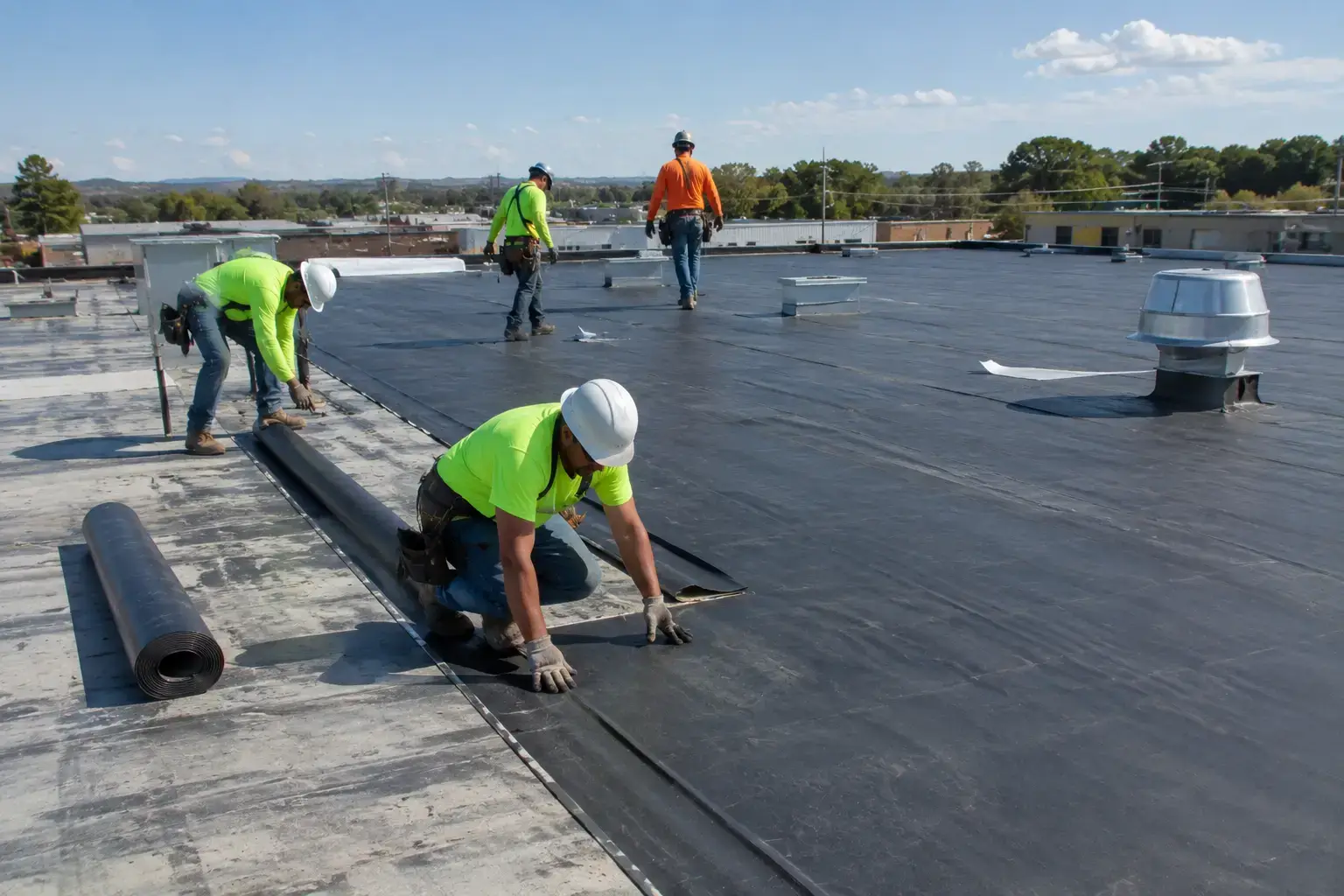 Commercial roofing crew working on a large roof